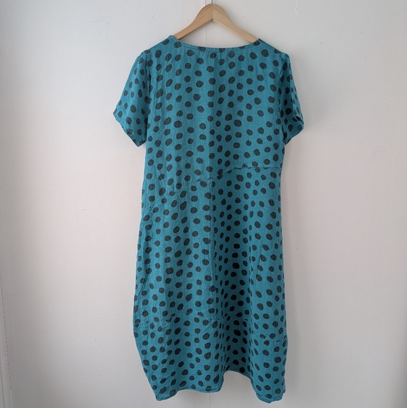 Fenini Short Sleeve Linen Polka Dot Teal Dress Size Medium - Picture 4 of 12